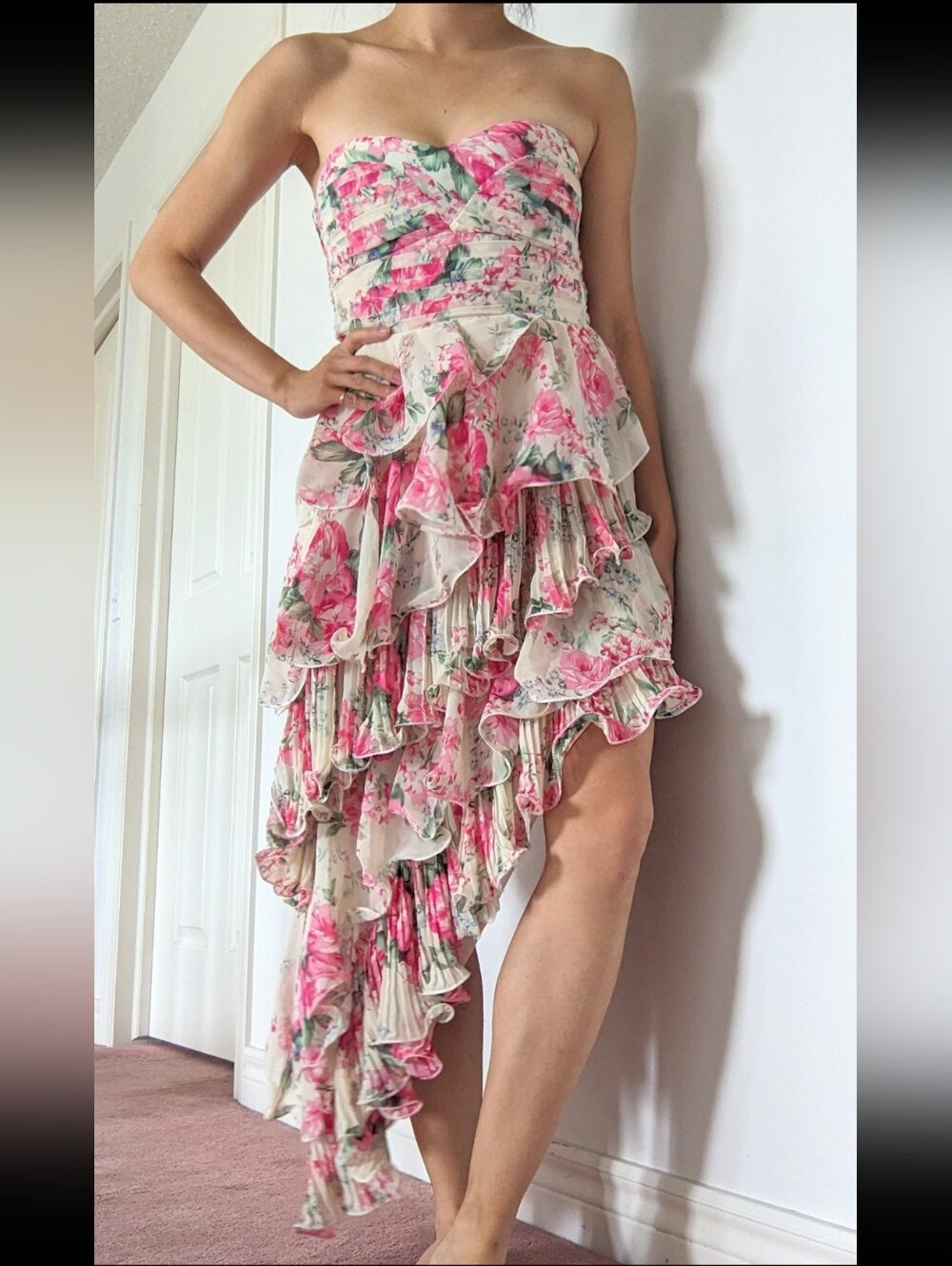 Stone Flower Women's Bustier Tiered Ruffle Asymetric Pink Flowers Cream Dress XS